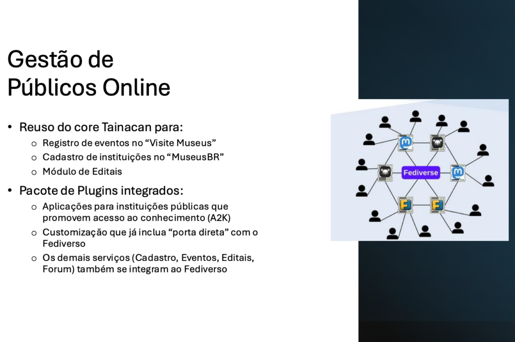 Gestão de Públicos OnlineReuso do core Tainacan para:- Registro de eventos no “Visite Museus”- Cadastro de instituições no “MuseusBR”- Módulo de EditaisPacote de Plugins integrados:- Aplicações para instituições públicas que promovem acesso ao conhecimento (A2K)- Customização que já inclua “porta direta” com o Fediverso- Os demais serviços (Cadastro, Eventos, Editais, Forum) também se integram ao Fediverso
